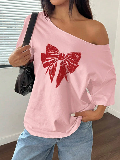SXV Asymmetrical Neck Bowknot Asymmetrical Loose T-Shirt, Fashionable For Summer