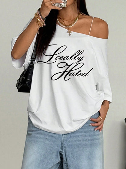 SXV Off shoulder Women Oversized Loose T-Shirt With Locally Hated Slogan