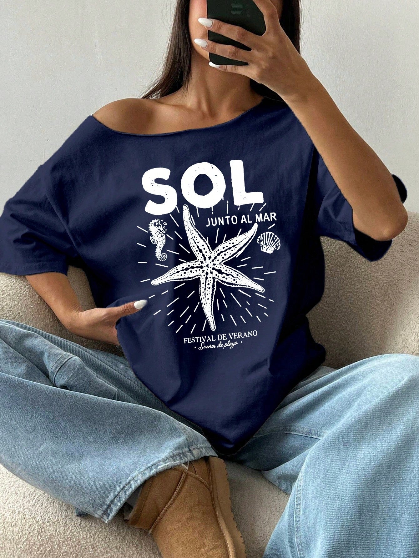 SXV SOL Women Summer Loose Asymmetrical Neck Cocktail Fruit Orange Y2K Graphic Oversized T-Shirt