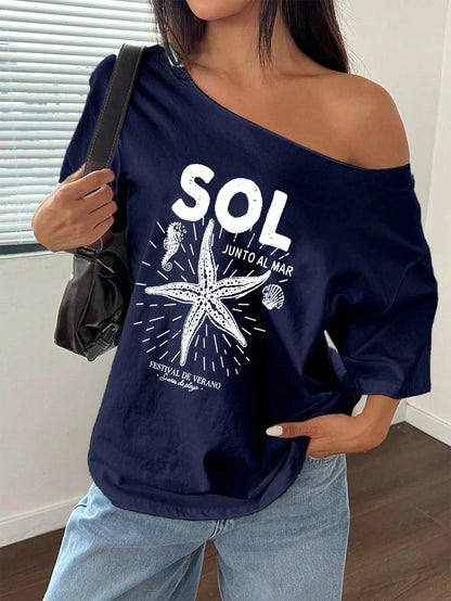SXV SOL Women Summer Loose Asymmetrical Neck Cocktail Fruit Orange Y2K Graphic Oversized T-Shirt