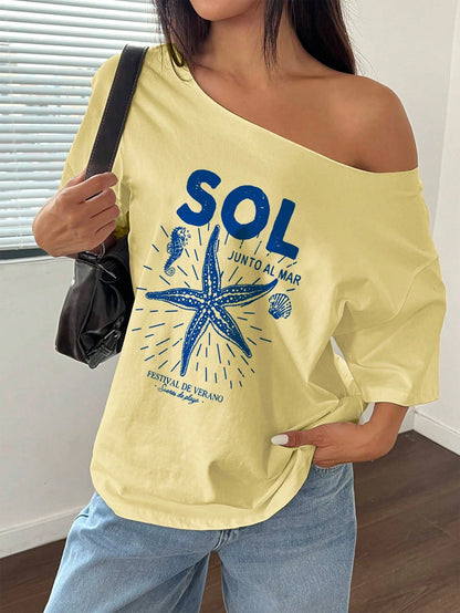 SXV SOL Women Summer Loose Asymmetrical Neck Cocktail Fruit Orange Y2K Graphic Oversized T-Shirt