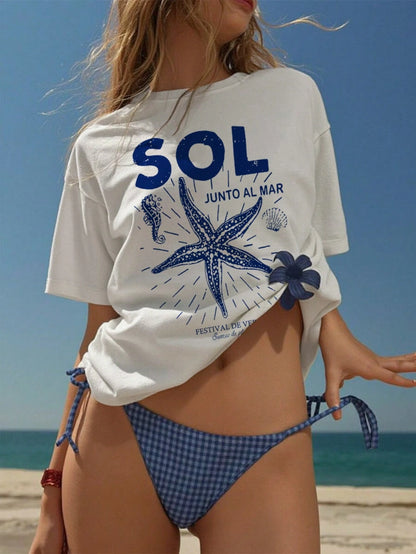 SXV Women's White Starfish Loose Casual Crew Neck Short Sleeve Top