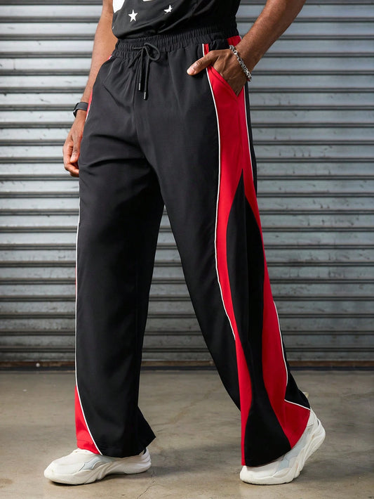 SXV Men's Black Track Pants with Red Side Stripe, Drawstring Waist, Wide Leg, Casual Sportswear