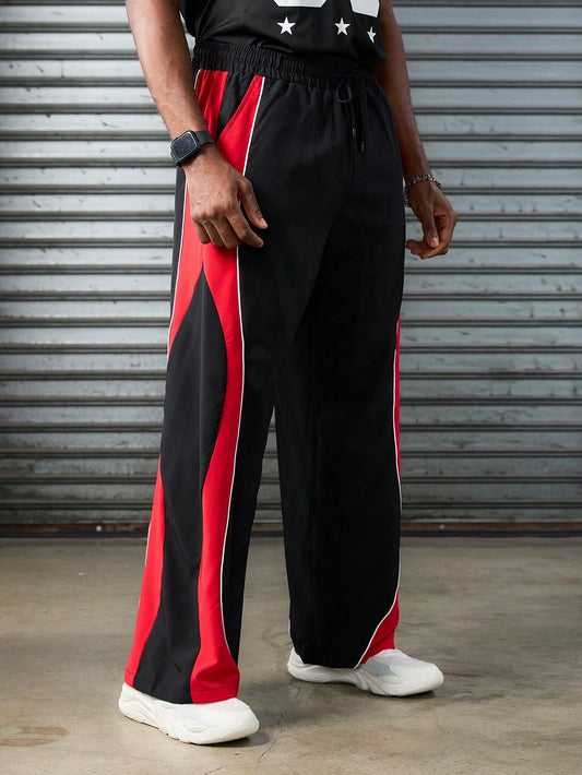 SXV Men's Black Track Pants with Red Side Stripe, Drawstring Waist, Wide Leg, Casual Sportswear