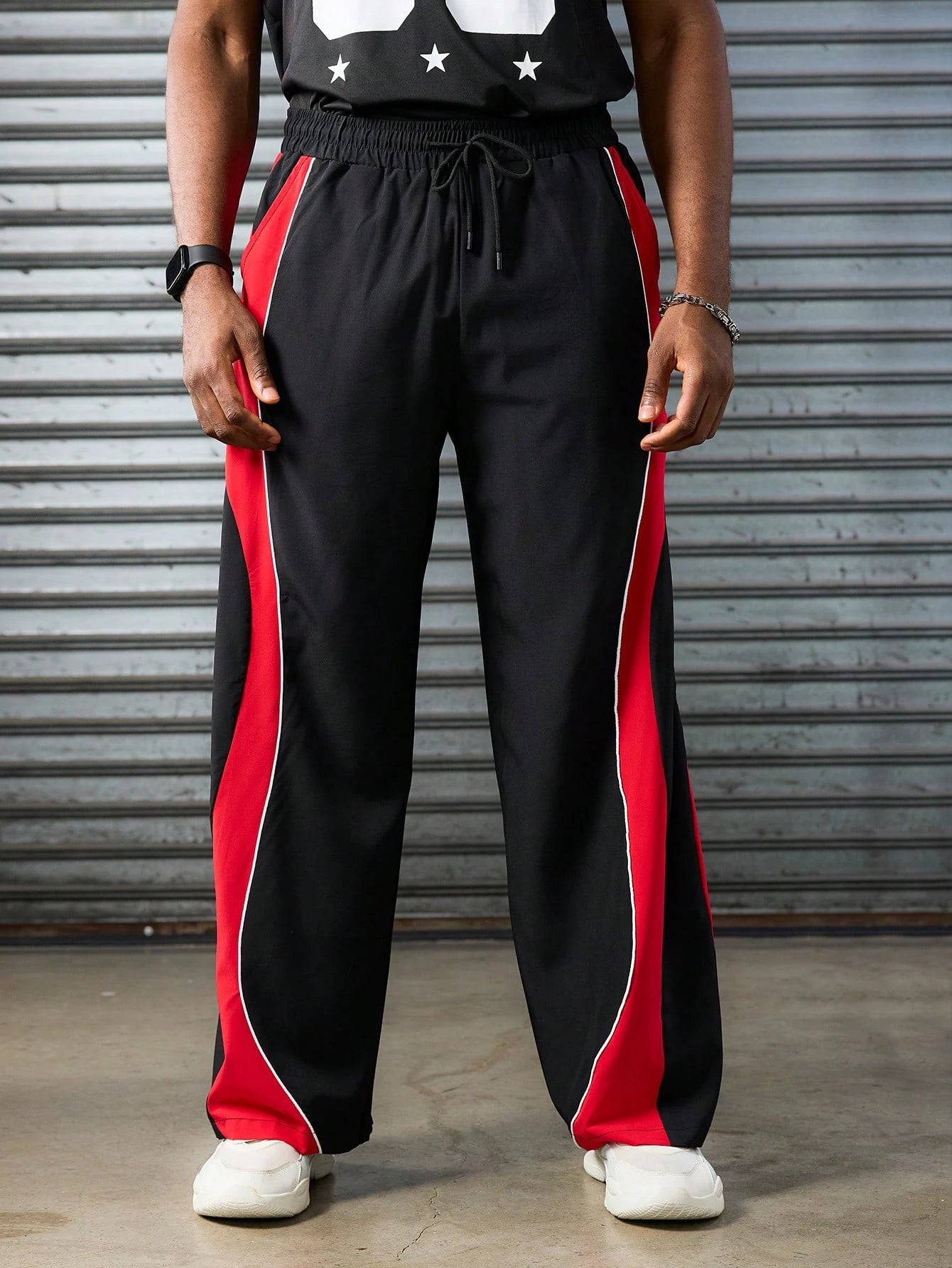 SXV Men's Black Track Pants with Red Side Stripe, Drawstring Waist, Wide Leg, Casual Sportswear