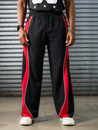 SXV Men's Black Track Pants with Red Side Stripe, Drawstring Waist, Wide Leg, Casual Sportswear