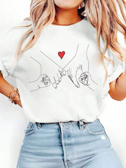 SXV Women's Casual Creative Hand-Drawn Sketch Parent-Child Holding Hands Heart Print Basic Short Sleeve T-Shirt