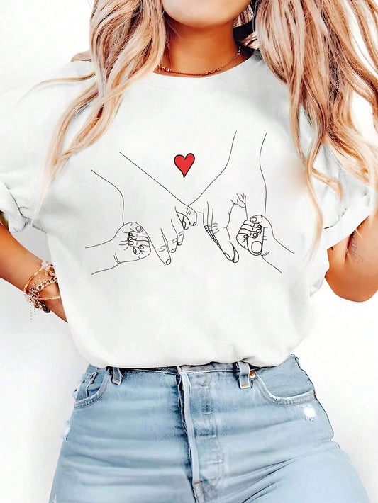 SXV Women's Casual Creative Hand-Drawn Sketch Parent-Child Holding Hands Heart Print Basic Short Sleeve T-Shirt