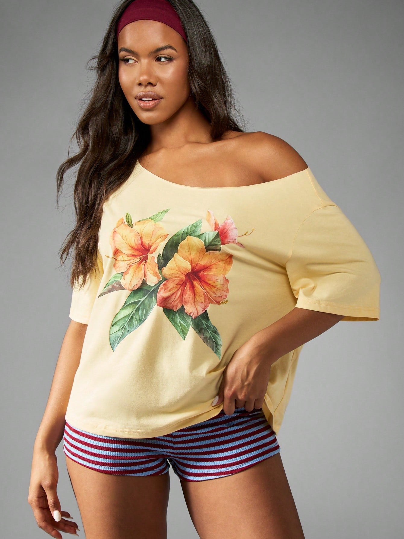 SXV Flower Print Off The Shoulder T-Shirt