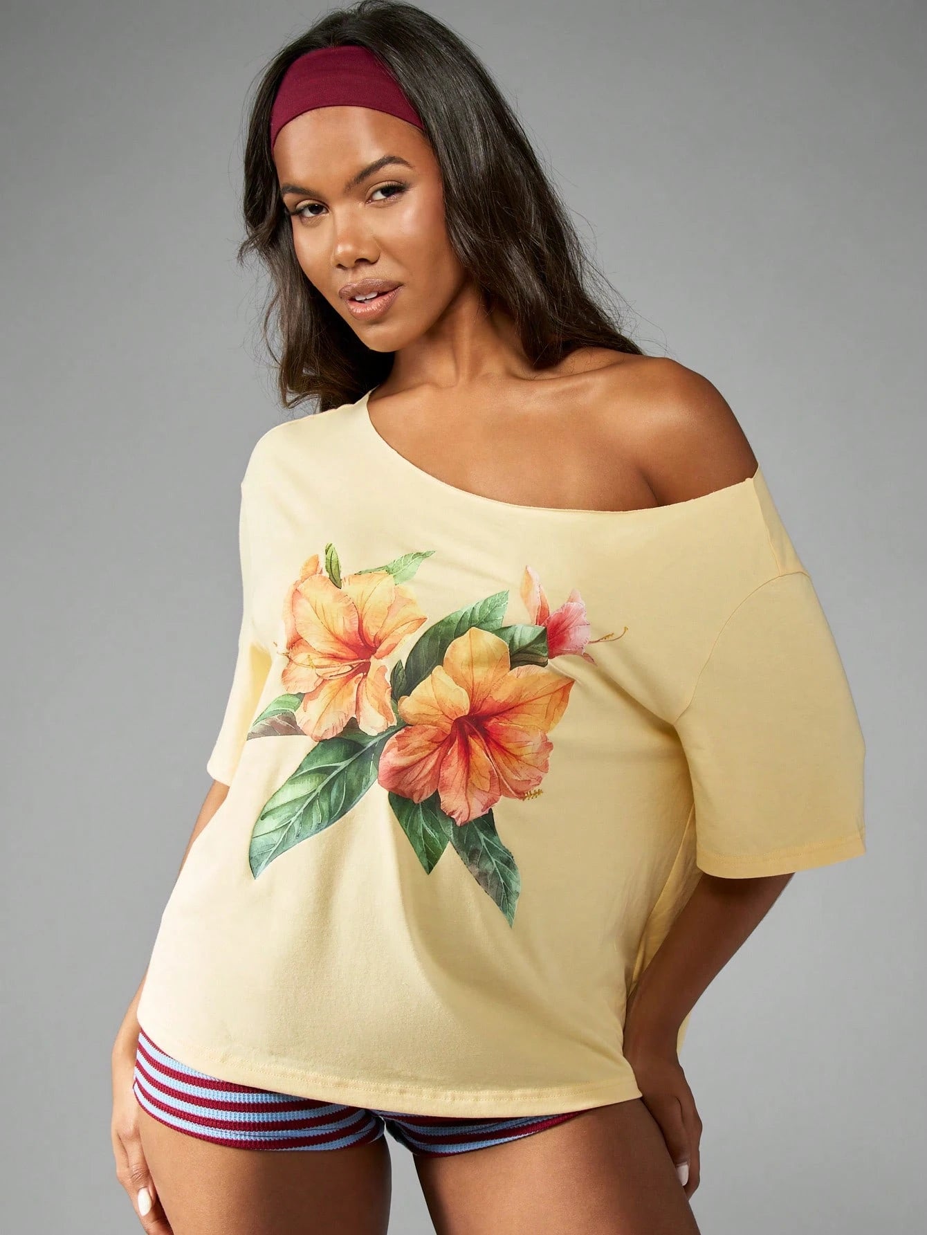 SXV Flower Print Off The Shoulder T-Shirt