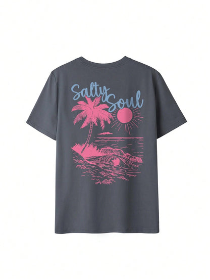 SXV Summer New Coconut Tree Print Casual Round Neck Short Sleeve T-Shirt