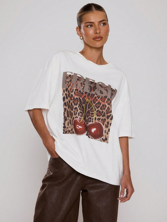 SXV Leopard Print Cherry Graphic Tee Oversized Top Cool Everyday