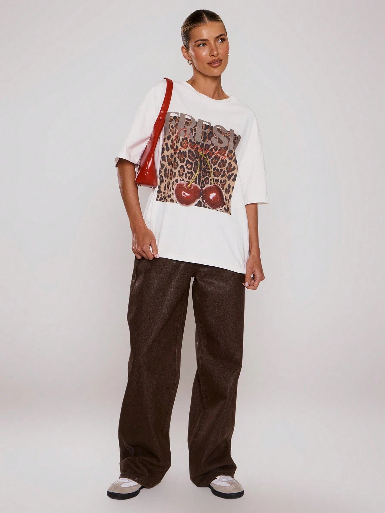 SXV Leopard Print Cherry Graphic Tee Oversized Top Cool Everyday
