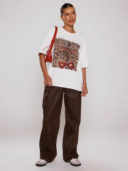 SXV Leopard Print Cherry Graphic Tee Oversized Top Cool Everyday
