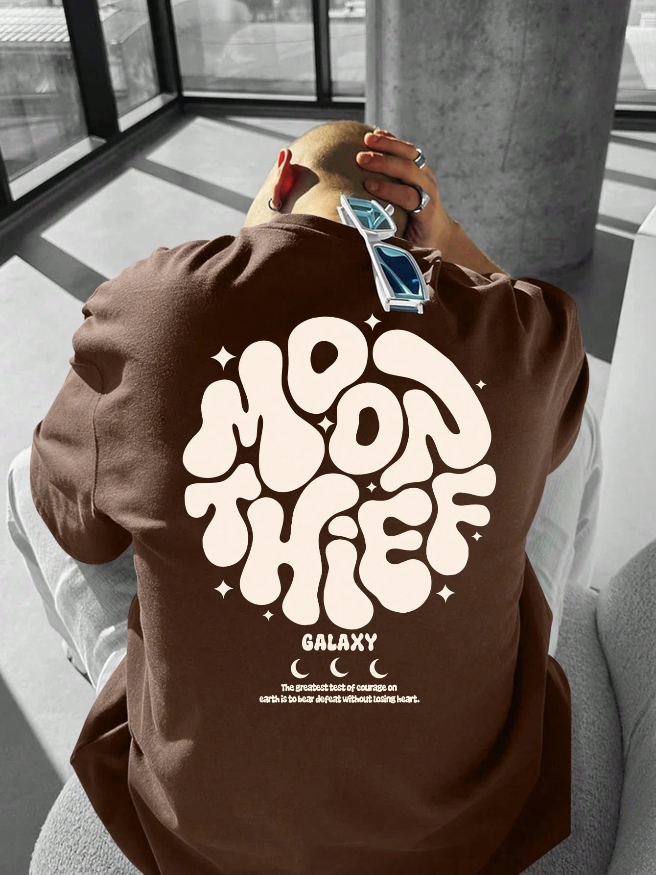 SXV MOON THEIF Letter Print Round Neck Short Sleeve T-Shirt, Coffee Color