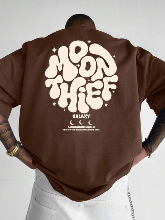 SXV MOON THEIF Letter Print Round Neck Short Sleeve T-Shirt, Coffee Color