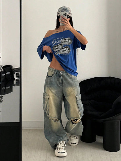 SXV Unity Summer Casual Lip Print Loose Short Sleeve T-Shirt