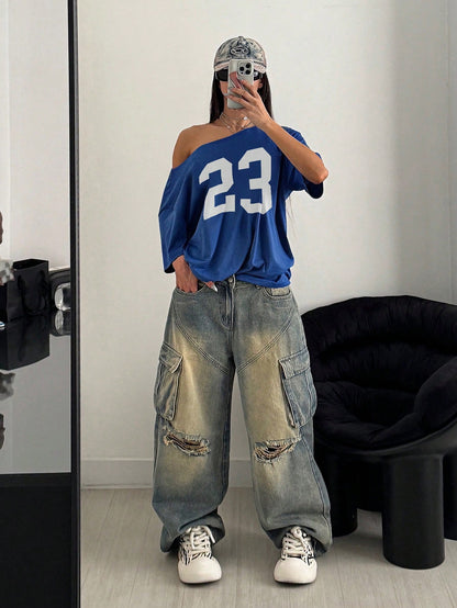 SXV Women's Loose Asymmetrical Neck Navy Blue Number 23 Graphic Short Sleeve T-Shirt, Sporty & Punk Style, Summer