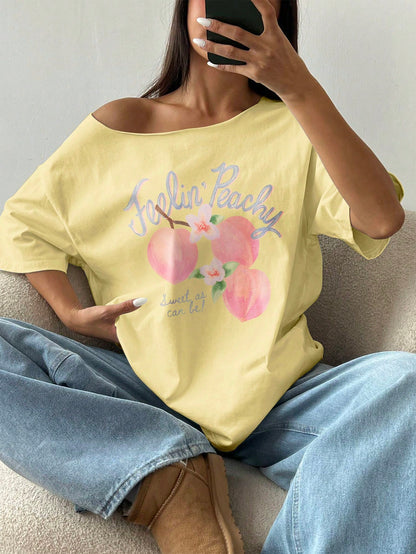SXV Women's Oversized Loose Shoulder Fruit Peach Y2K Short Sleeve T-Shirt, Yellow, Summer