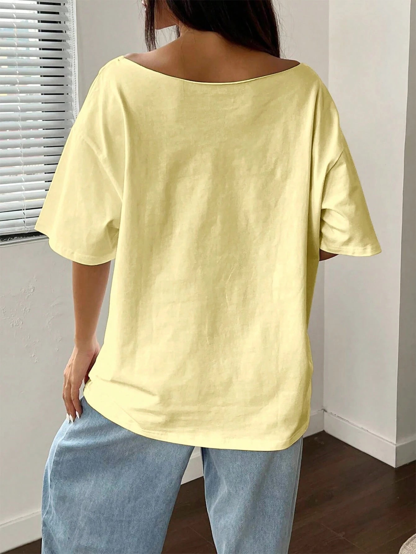 SXV Women's Oversized Loose Shoulder Fruit Peach Y2K Short Sleeve T-Shirt, Yellow, Summer