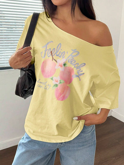 SXV Women's Oversized Loose Shoulder Fruit Peach Y2K Short Sleeve T-Shirt, Yellow, Summer