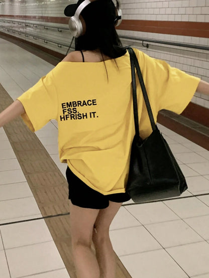 SXV Summer Asymmetrical Shoulder Top Loose Asymmetrical Shoulder Ginger Yellow Letter Print Short Sleeve T-Shirt Casual