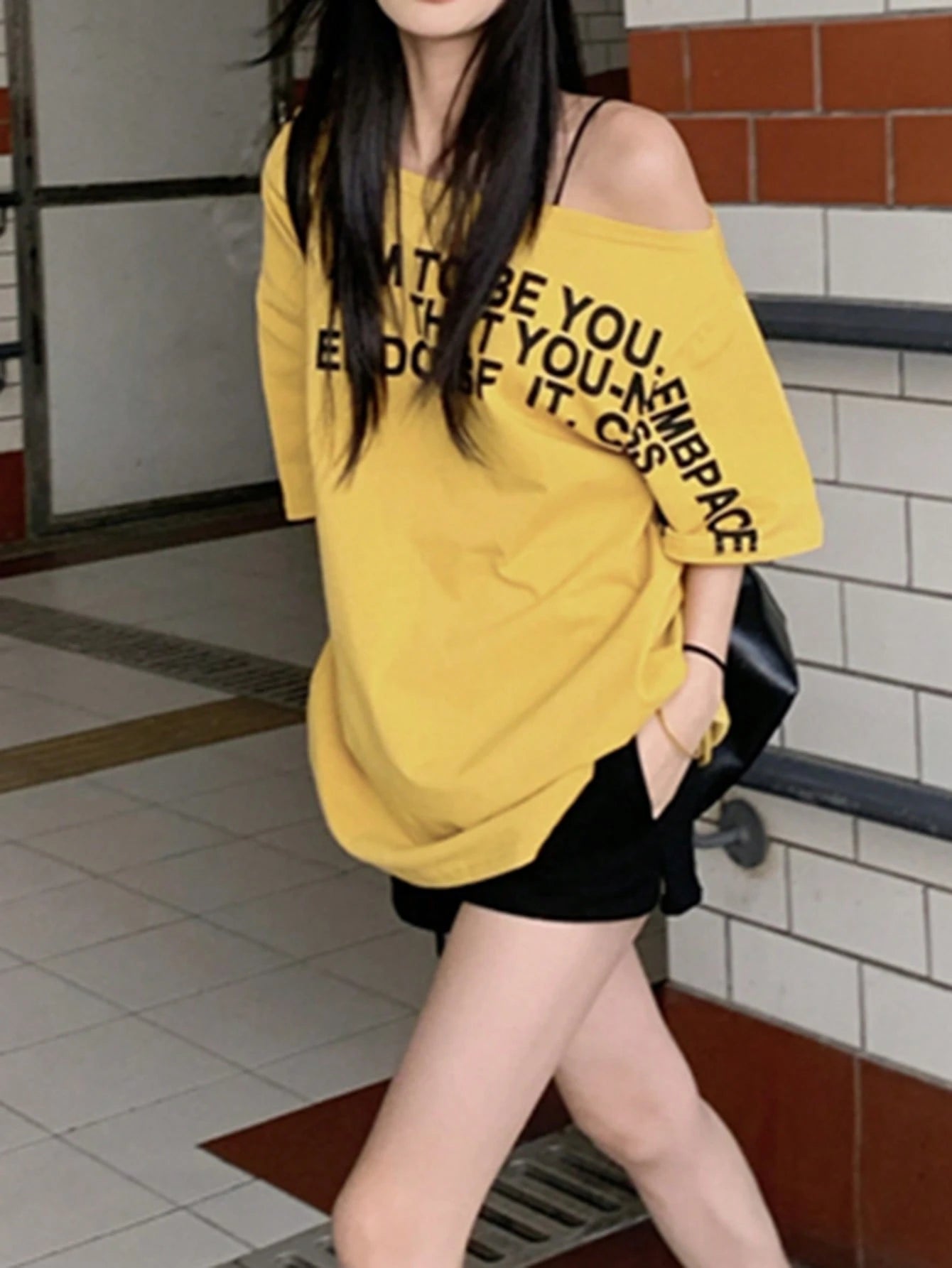 SXV Summer Asymmetrical Shoulder Top Loose Asymmetrical Shoulder Ginger Yellow Letter Print Short Sleeve T-Shirt Casual