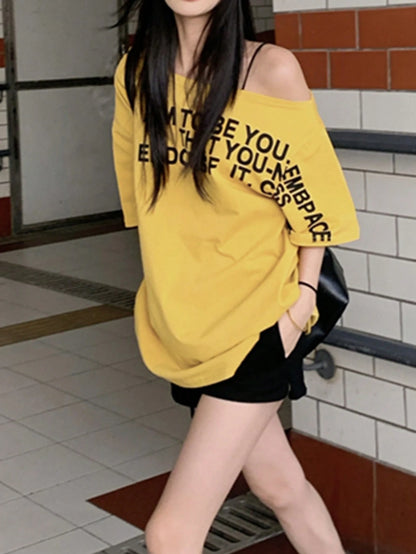 SXV Summer Asymmetrical Shoulder Top Loose Asymmetrical Shoulder Ginger Yellow Letter Print Short Sleeve T-Shirt Casual