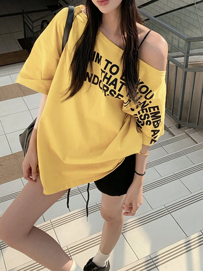 SXV Summer Asymmetrical Shoulder Top Loose Asymmetrical Shoulder Ginger Yellow Letter Print Short Sleeve T-Shirt Casual