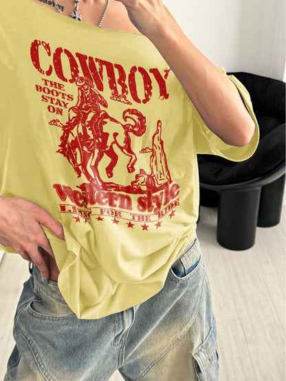 SXV Women Cowboy Style Loose Fit Slouch Shoulder T-Shirt, Black