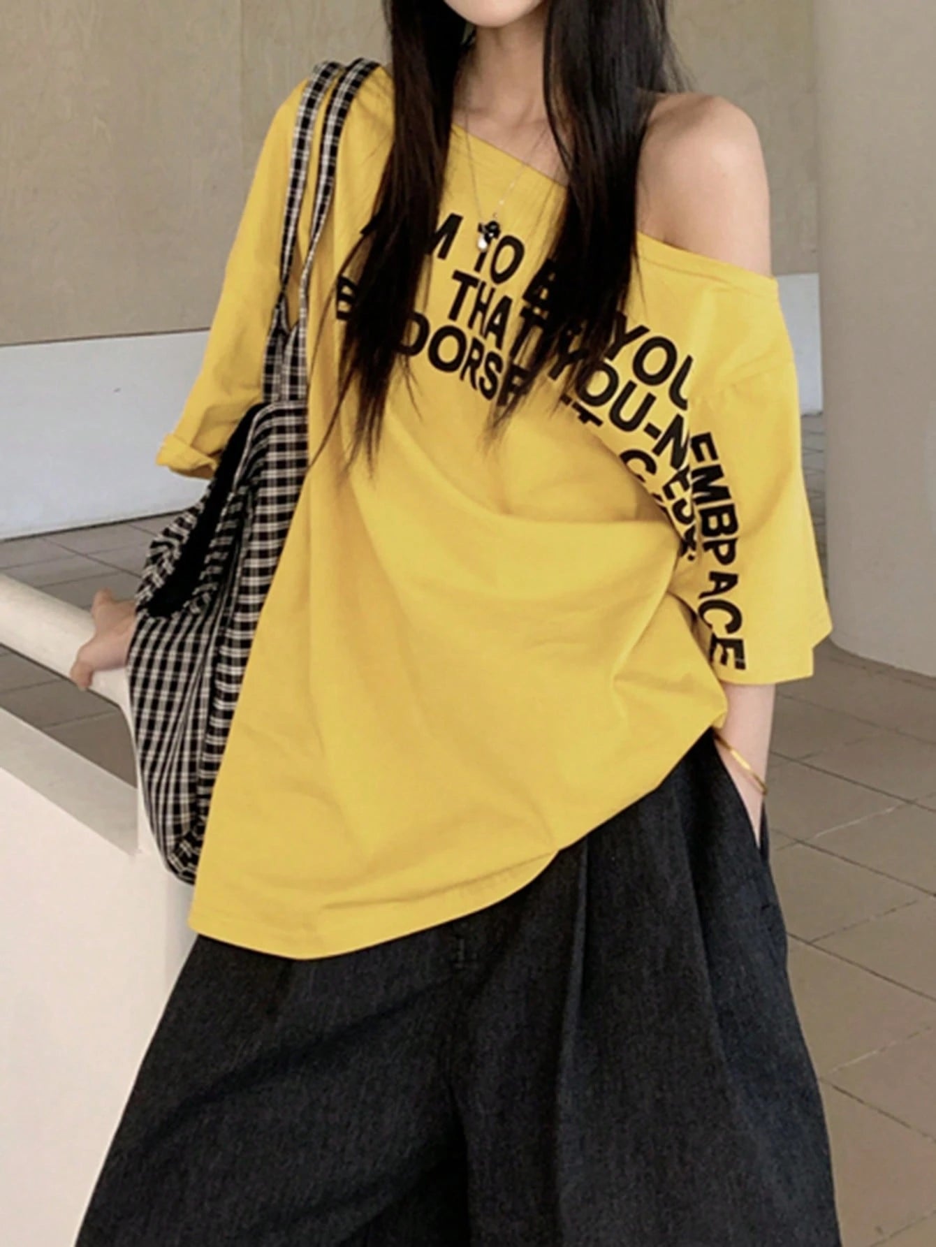SXV Summer Asymmetrical Shoulder Top Loose Asymmetrical Shoulder Ginger Yellow Letter Print Short Sleeve T-Shirt Casual