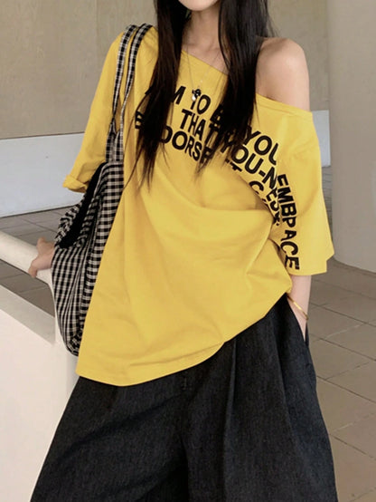 SXV Summer Asymmetrical Shoulder Top Loose Asymmetrical Shoulder Ginger Yellow Letter Print Short Sleeve T-Shirt Casual