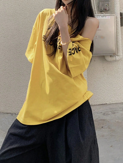 SXV Summer Asymmetrical Shoulder Top Loose Asymmetrical Shoulder Ginger Yellow Letter Print Short Sleeve T-Shirt Casual