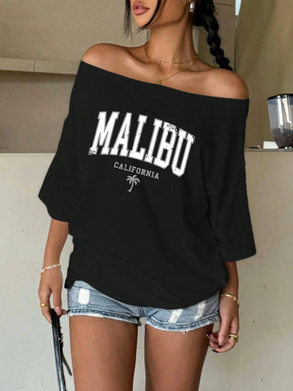 SXV malibu california girl Oversized Off Shoulder Graphic Tee With Distressed Slogan Print