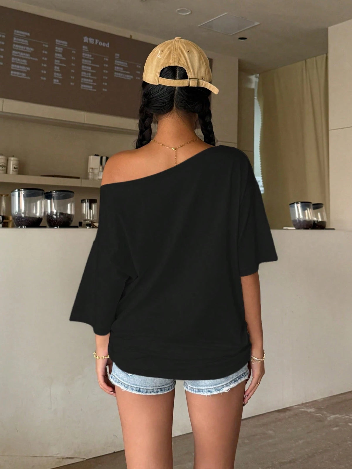 SXV malibu california girl Oversized Off Shoulder Graphic Tee With Distressed Slogan Print