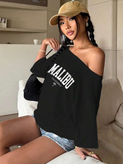SXV malibu california girl Oversized Off Shoulder Graphic Tee With Distressed Slogan Print