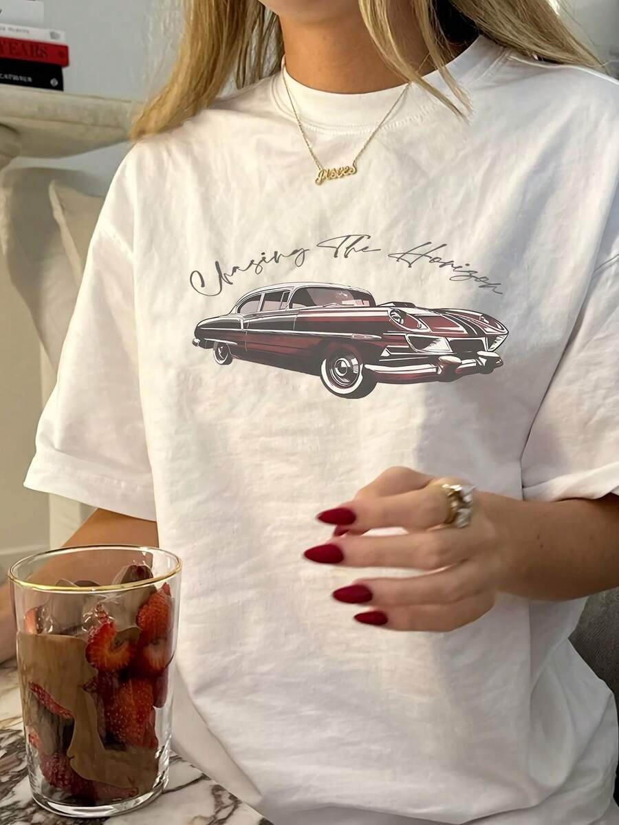 SXV Vintage Car Print Casual Round Neck T-Shirt