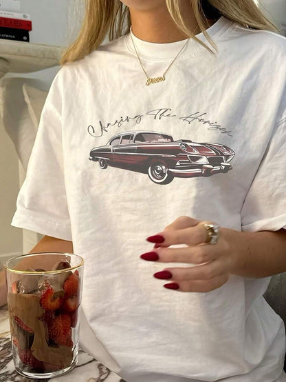 SXV Vintage Car Print Casual Round Neck T-Shirt