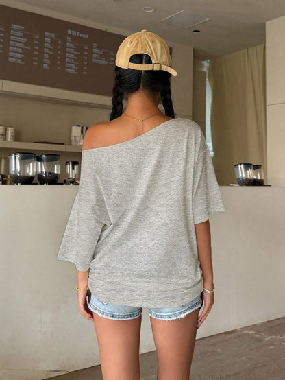 SXV Women's Off-Shoulder Letter & National Flag Print Casual Fashion T-Shirt, Summer