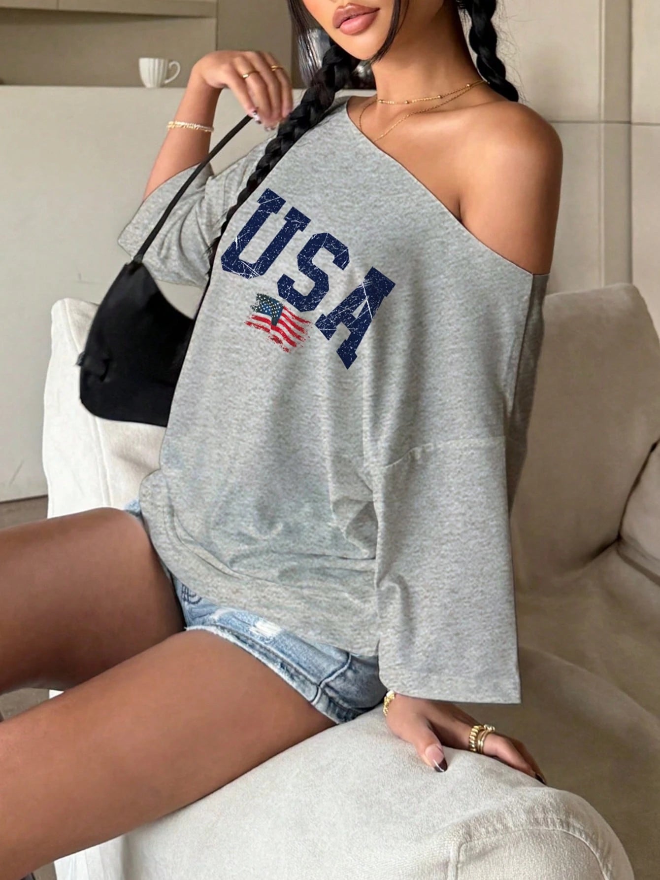 SXV Women's Off-Shoulder Letter & National Flag Print Casual Fashion T-Shirt, Summer