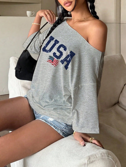 SXV Women's Off-Shoulder Letter & National Flag Print Casual Fashion T-Shirt, Summer