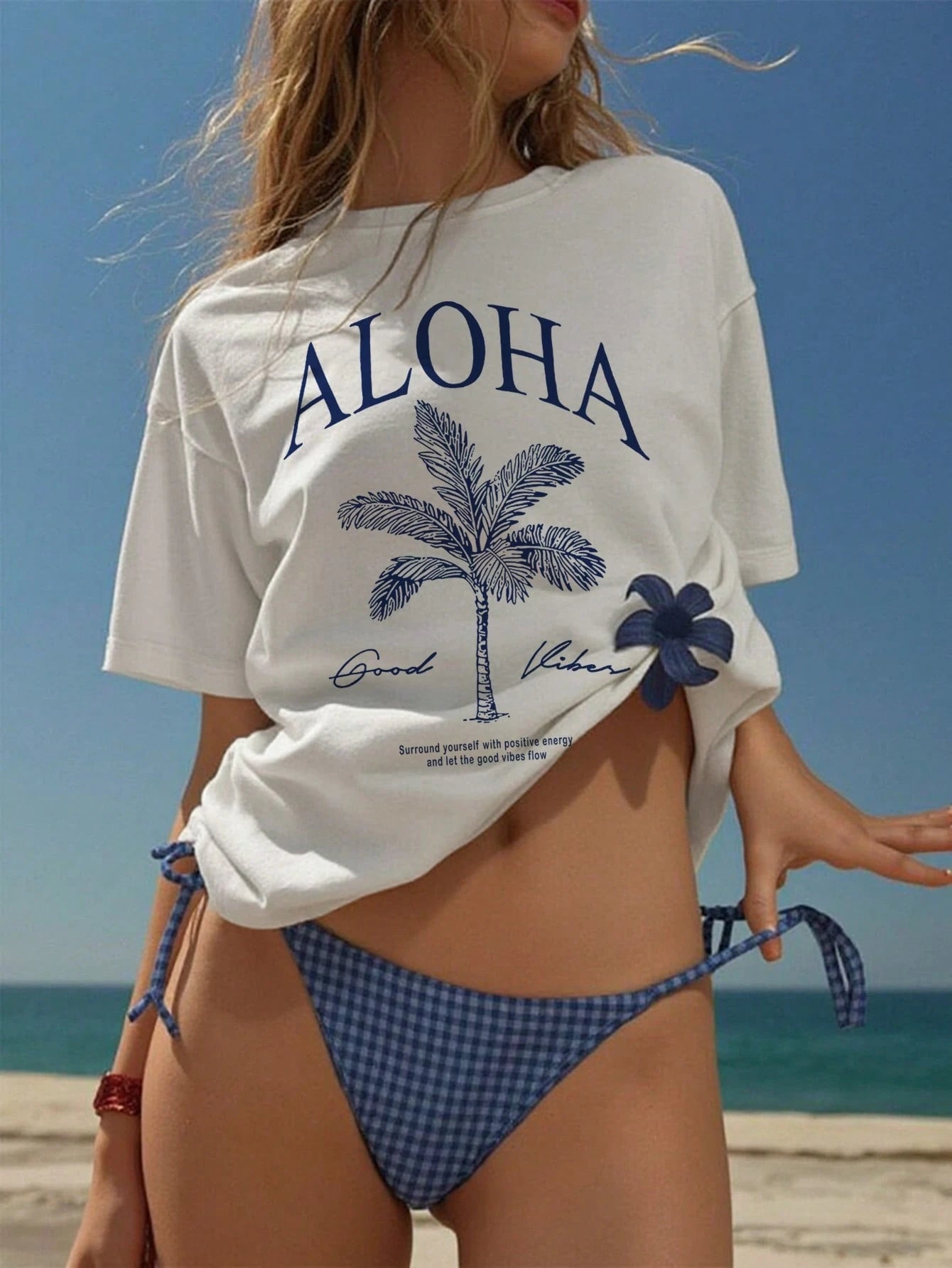 SXV White Palm Tree Print Loose Casual Holiday Round Neck T-Shirt