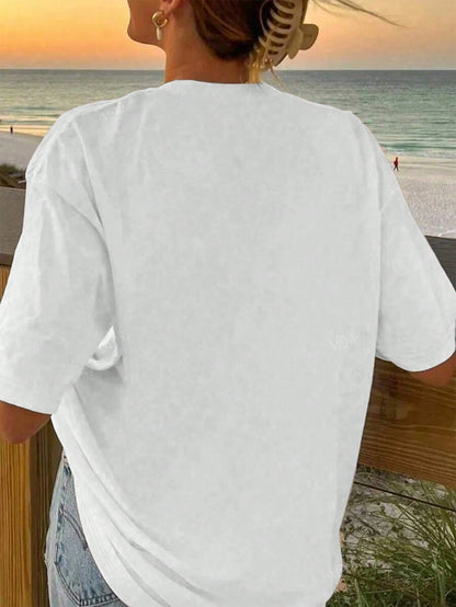 SXV White Palm Tree Print Loose Casual Holiday Round Neck T-Shirt