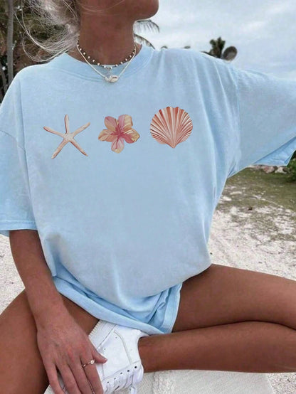 SXV Shell & Starfish Print Casual Vacation Style Baggy Tee
