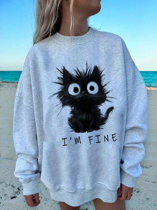 SXV Casual Minimalist Cat Print Pattern Loose Fit Crew Neck Long Sleeve Hoodie Sweatshirt