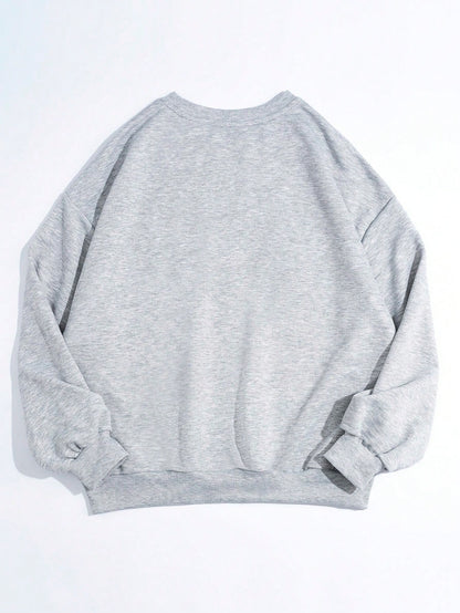 SXV Casual Minimalist Cat Print Pattern Loose Fit Crew Neck Long Sleeve Hoodie Sweatshirt