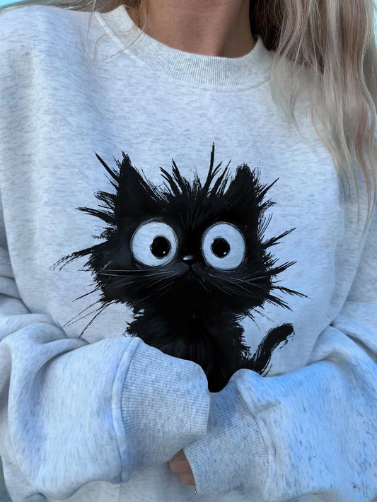 SXV Casual Minimalist Cat Print Pattern Loose Fit Crew Neck Long Sleeve Hoodie Sweatshirt