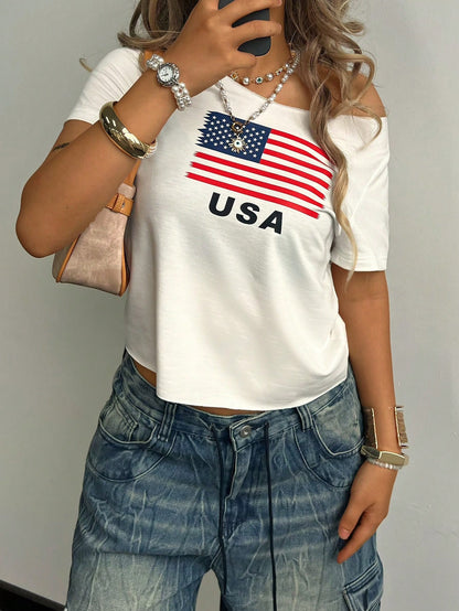 SXV American Flag Print Asymmetric Collar Short Sleeve T-Shirt