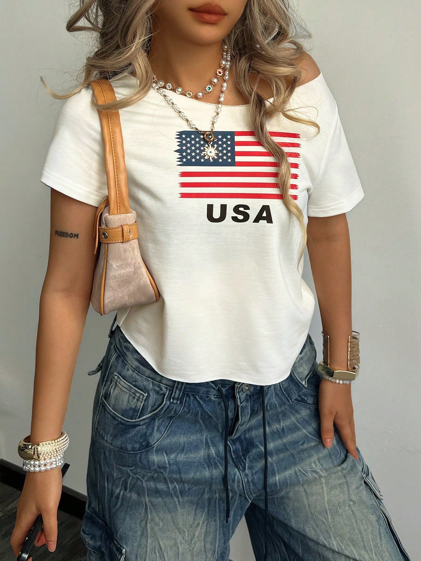 SXV American Flag Print Asymmetric Collar Short Sleeve T-Shirt