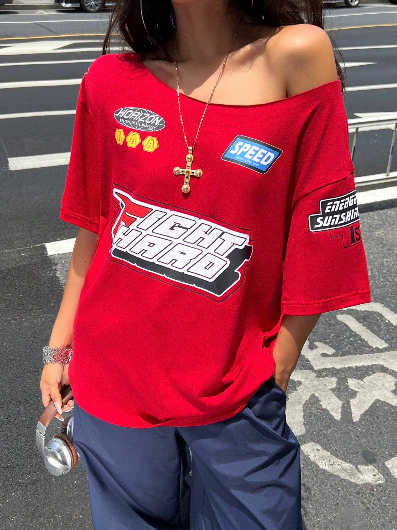 SXV FIGHT HARD Print Oversized Casual Short Sleeve T-Shirt